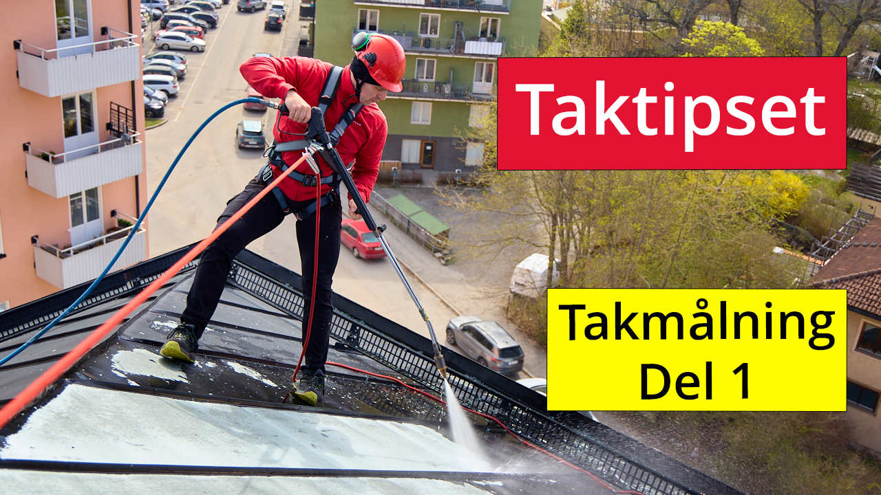 YouTube-tumnagel “Taktipset”: VD David Frykman tvättar tak inför takmålning, text “Takmålning Del 1”. Foto Martin Ekwall.