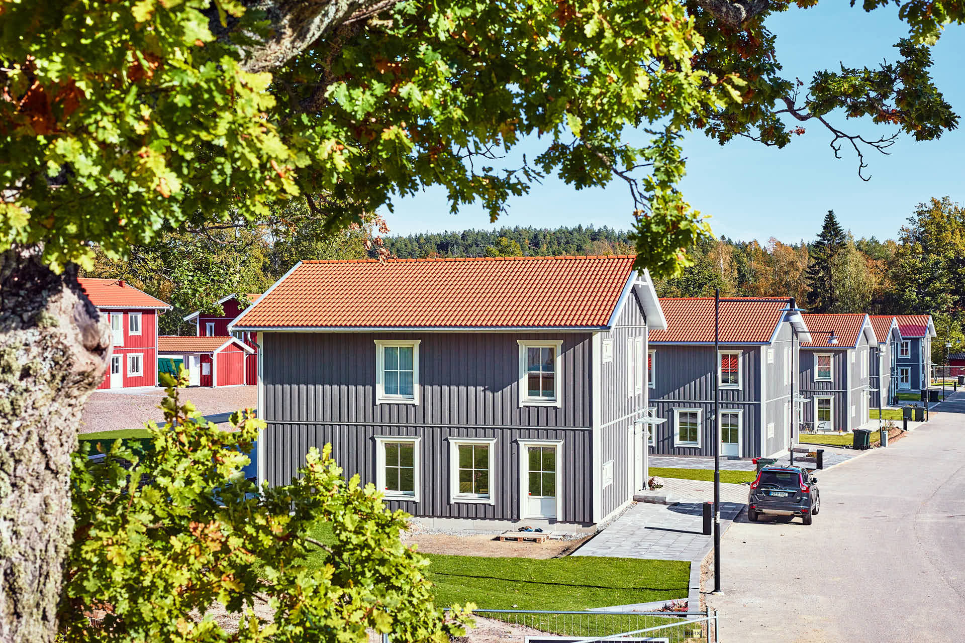 Vy från en ek, rad av gråa villor. Glasberga Sjöstad Sjöstadi Södertälje. Kund Paradoumo, foto av Martin Ekwall