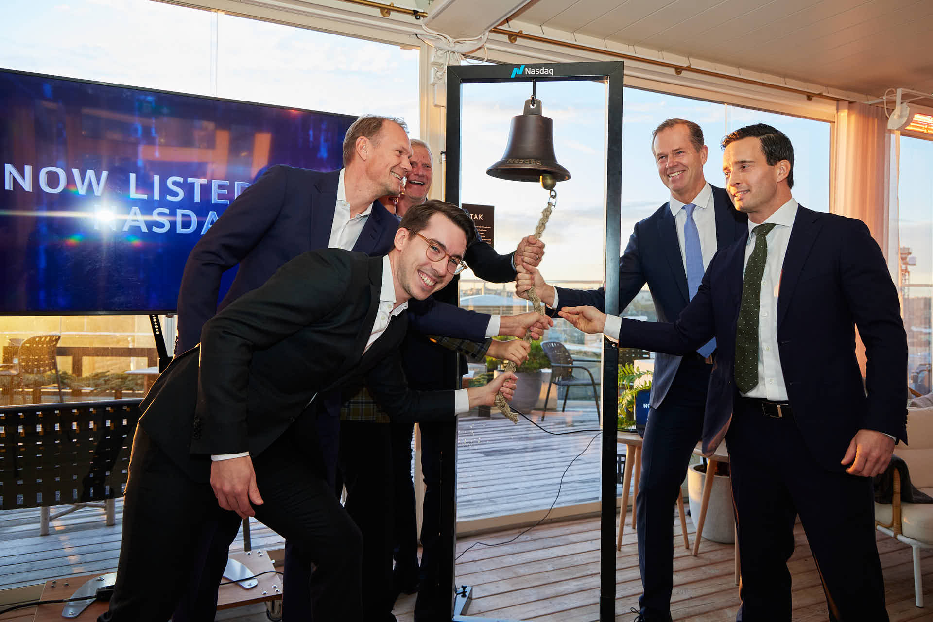 2021-12-16 kl. 09:00 Case Kapitalförvaltning Nasdaq Bell Ceremony medverkande-Oscar Andrassy, Niklas Lidström, Stefan Edberg och Johan-Andrassy. Fotograferat av Martin Ekwall.