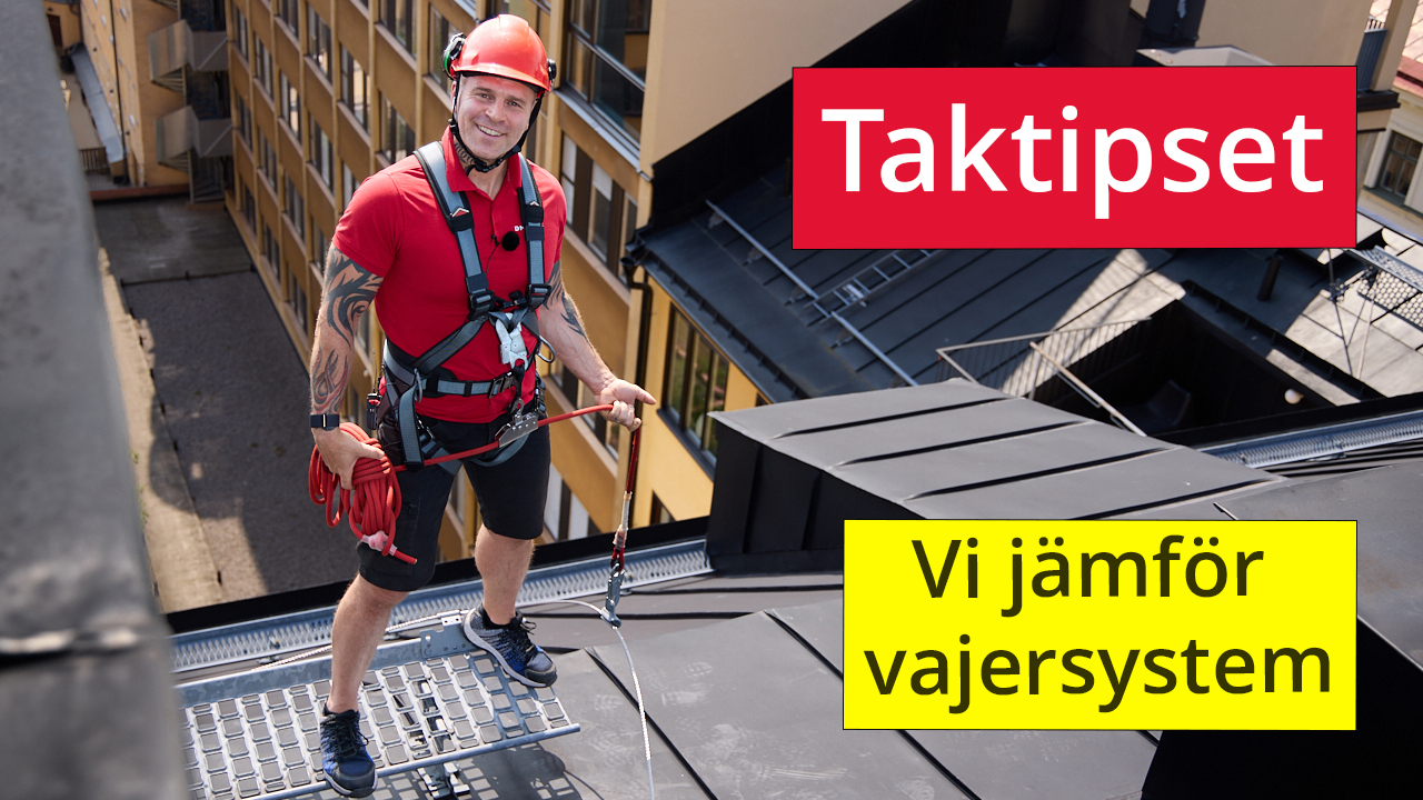 YouTube-tumnagel “Taktipset”: VD David Frykman visar säkerhetslina och takarbete, text “Vi jämför vajersystem”. Foto Martin Ekwall.